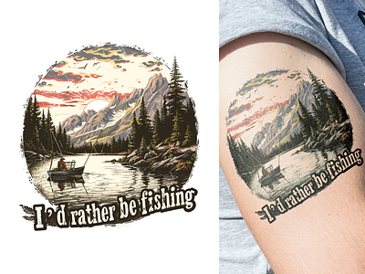 I'd rather be fishing - Tattoo Design for Sticker Mule Playoff boat clipart fisherman fishing fishing boat funny art graphic design humorous saying illustration lake landscape mountains nature retro illustration retro style sticker sticker mule tattoo tattoo design vintage illustration