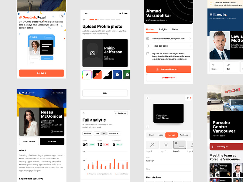 User flow for OVOU Smart Business Card. Mobile screens. add to contact card design contact contact sharing corporate profile ecommerce minimalism mobile app mobile design mobile ui profile profile card profile design profile page share contact smart business card theme ui uidesign web