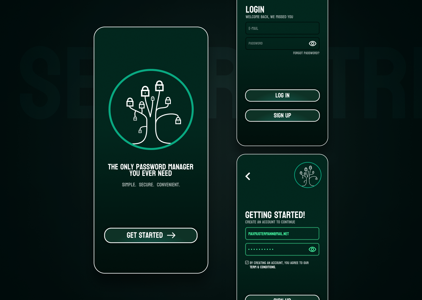 Mobile App - Password Manager Login & Create Account android app create account dark mode design graphic design green ios login login concept login mobile minimalistic mobile mobile app modern modern login uiux ux