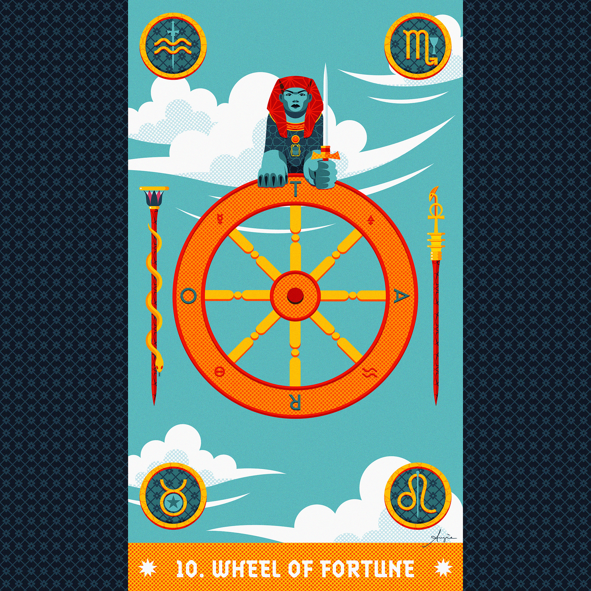Tarot card #10: Wheel of Fortune adobe illustrator arcana major blue cards contrast daily art deck flat design illustration orange red sphinx stylized tarot vector vector illustration wheel yellow