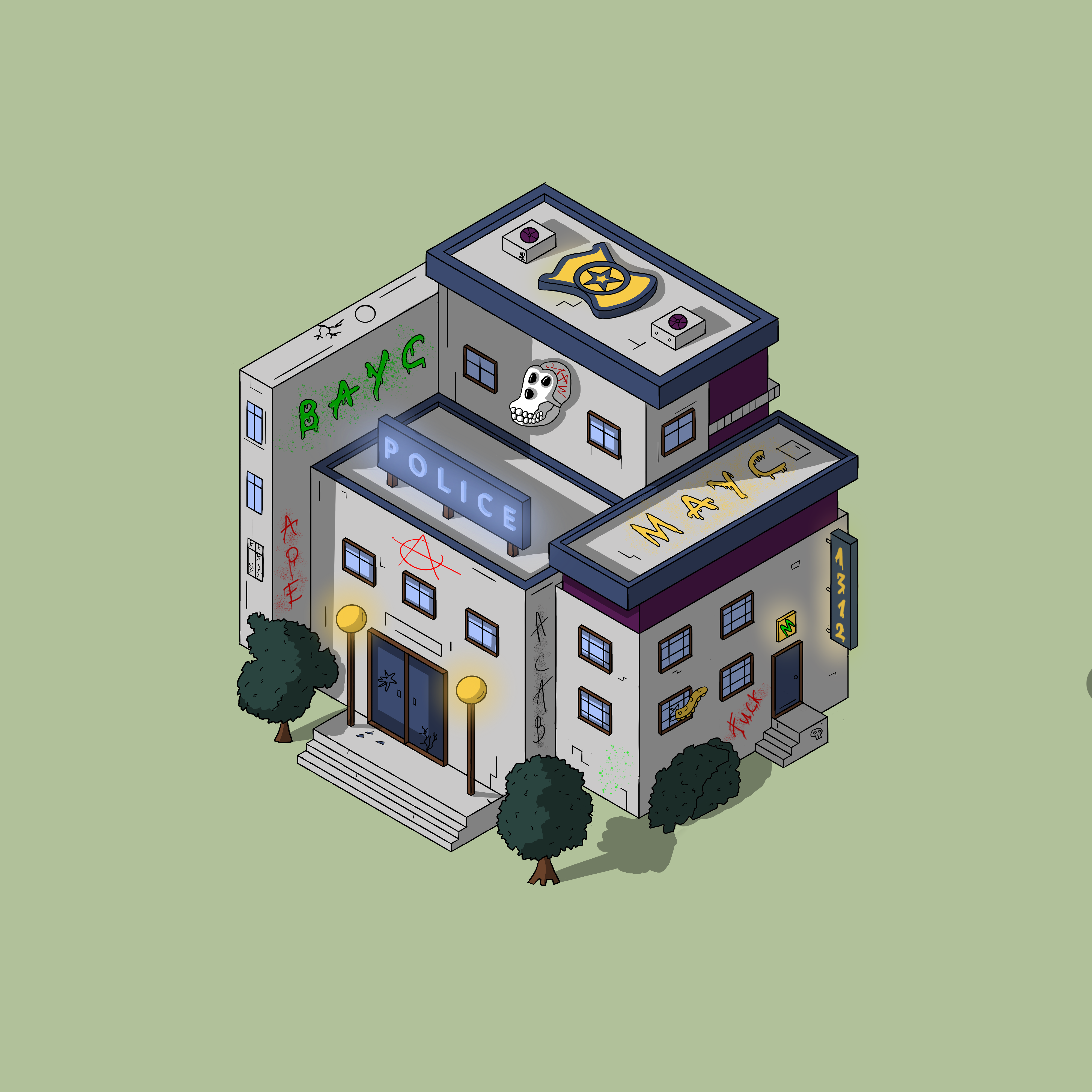 isometric police station in BAYC, MAYC style 1312 3d acab ape bayc building cyberpunk design environment flat game illustration isometric isometry mayc monkey police police station punk yuga labs