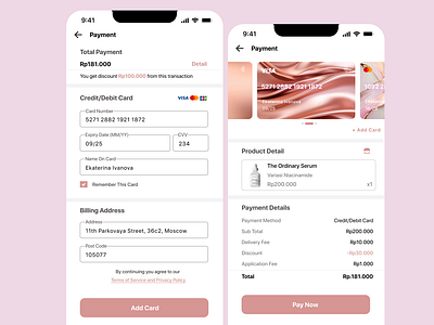 Card Payment application card payment cute girl mobile application pembayaran menggunakan kartu pink skin care ui uiux design ux