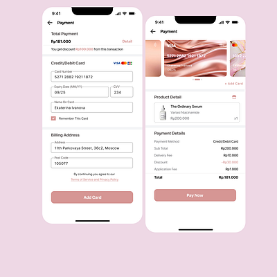 Card Payment application card payment cute girl mobile application pembayaran menggunakan kartu pink skin care ui uiux design ux