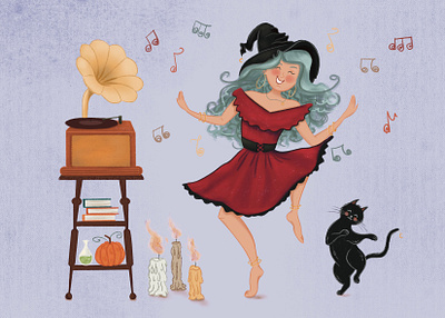 Happy witch black cat cat dance halloween illustrate halloween illustration illustrator witch
