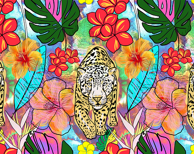 Jungle colors art background branding colorful design digital art floral hand drawn illustration jaguar jungle leaves palma pattern print design seamless pattern summer textile pattern ui watercolor