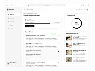 Skeeld - Online learning platform. app article black ui card ui clean ui course dashboard dashboard design edtech edutech learning lessons piechart progress tracker video web app webapp website website ui webui