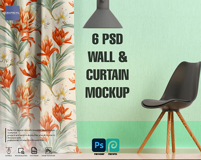 6 PSD Curtain Display, Wall Display, Drapery Scene privacy mockup
