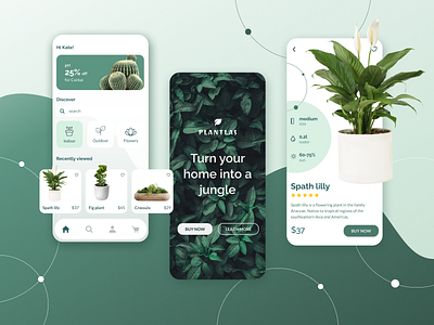 Plantlas: Mobile Plant Shop app application botanical digitalgarden ecofriendly ecommerce greenlifestyle mobile mobileapp mobileshopping nature plants plantshop productcard productdesign shoppingapp ui uidesign ux uxdesign