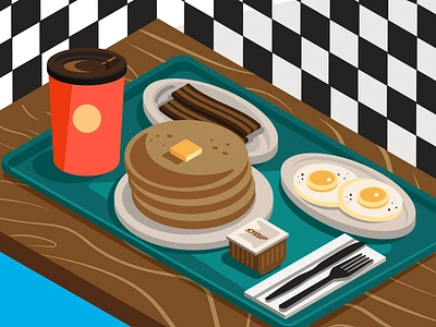 Breakfast bacon breakfast coffee eggs fork hot cup isometric knife pancake plate restaurant supply syrup