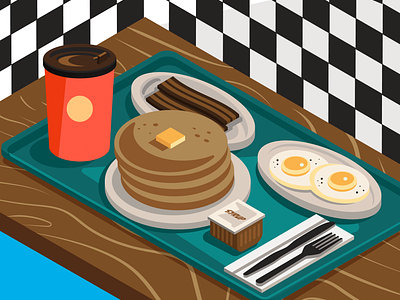 Breakfast bacon breakfast coffee eggs fork hot cup isometric knife pancake plate restaurant supply syrup
