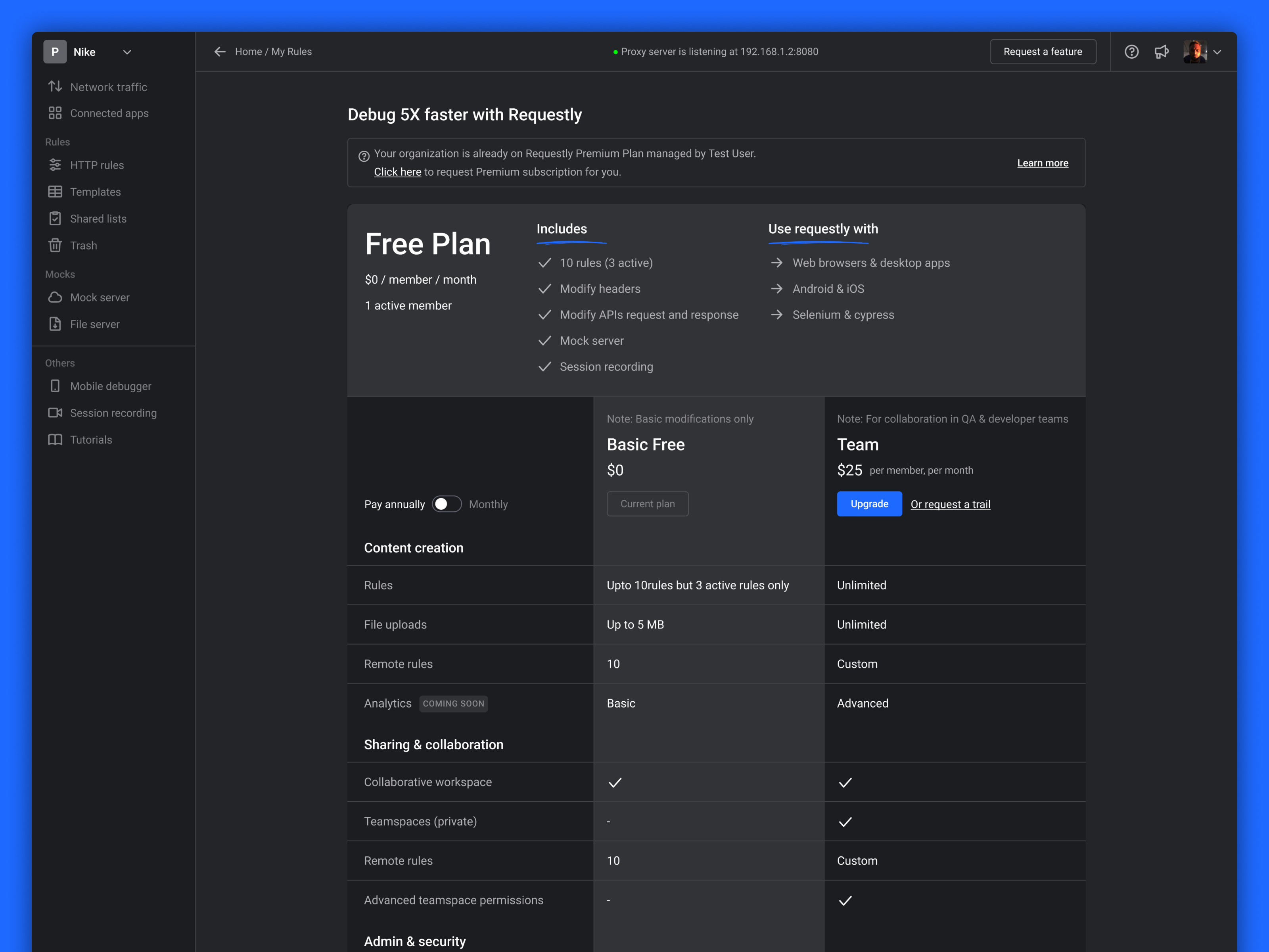 Pricing Design - Requestly.io annual billings branding contact dashboard debug design free member pay plan price pricing requestly team ui upgrade ux web website