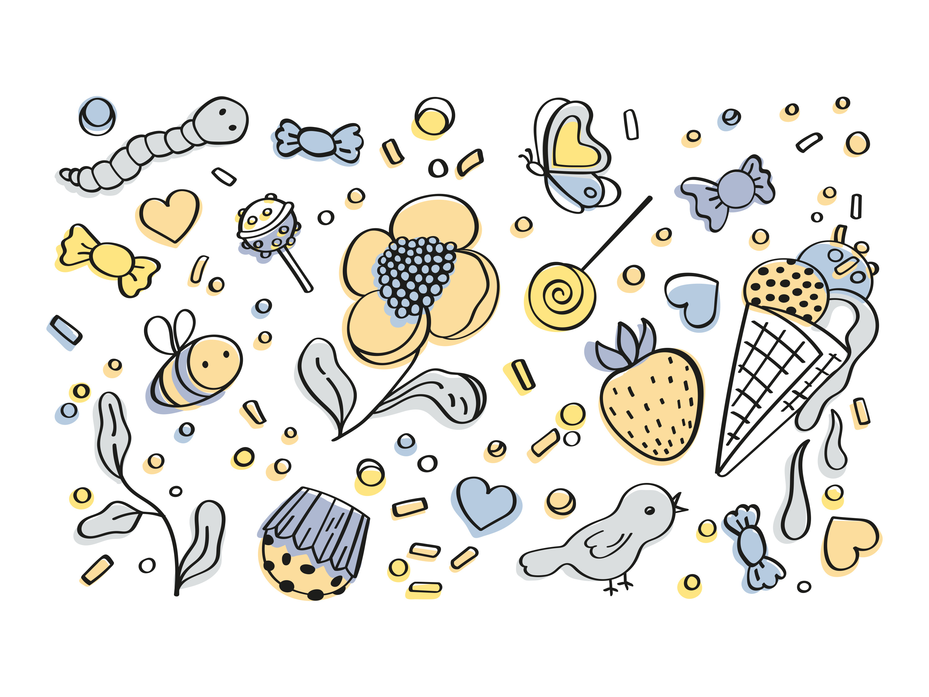 cute print animation bee bird blue branding cake candy design flower graphic design ice cream illustration sweet vector yellow