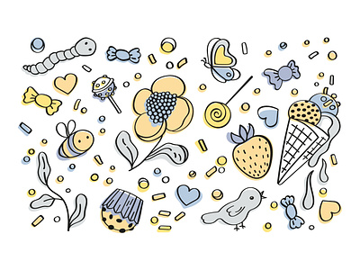 cute print animation bee bird blue branding cake candy design flower graphic design ice cream illustration sweet vector yellow