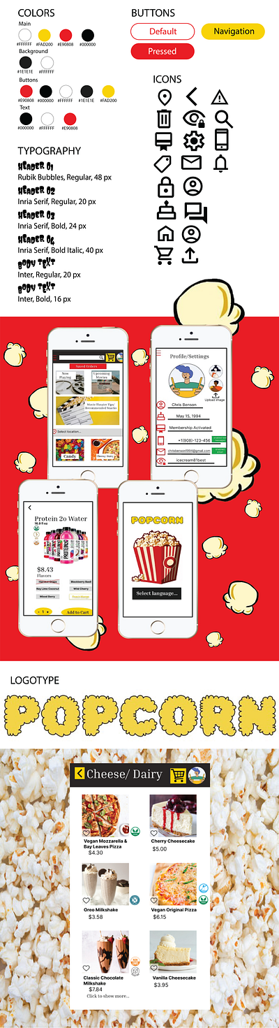 POPCORN (Movie Theater Snack-Ordering App) adobe illustrator adobe xd advertisement branding design food graphic design logo movie theater snack ordering snacks typography ux design