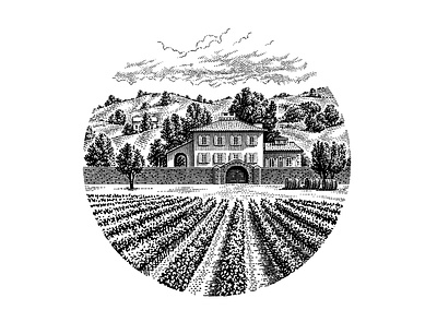 Winery fields illustration label landscape vineyards wine