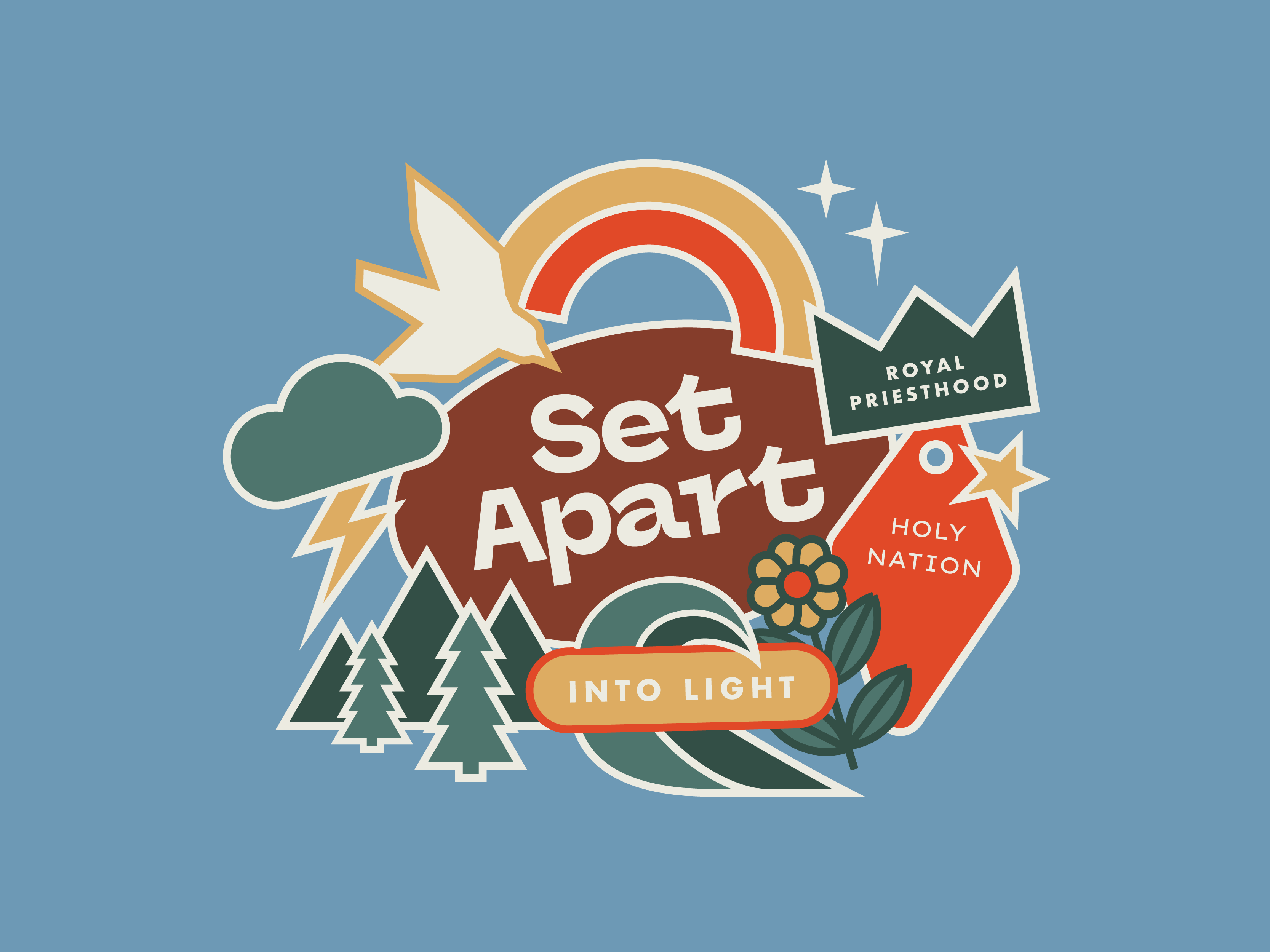 Summer Camp Branding bible bible study branding camp church design crown dove illustration kids lightening rainbow retreat students summer summer camp trees wave