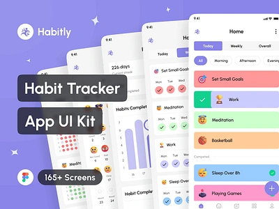 Habitly - Habit Tracker App UI Kit app app design application daily routine planner design design system habit journal habit tracker interface mobile portfolio productivity task management template to do list ui ui design ui kit uiux