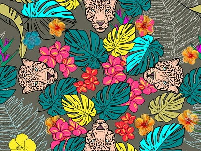 Jungle Colors Seamless pattern background design floral pattern hand drawn illustraion illustration jaguar drawing jaguar pattern jungle design jungle pattern leaves logo palm pattern pattern design print design summer textile pattern ui watercolor