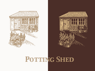 Potting shed black and white branding classical design engraving etching label retro vintage