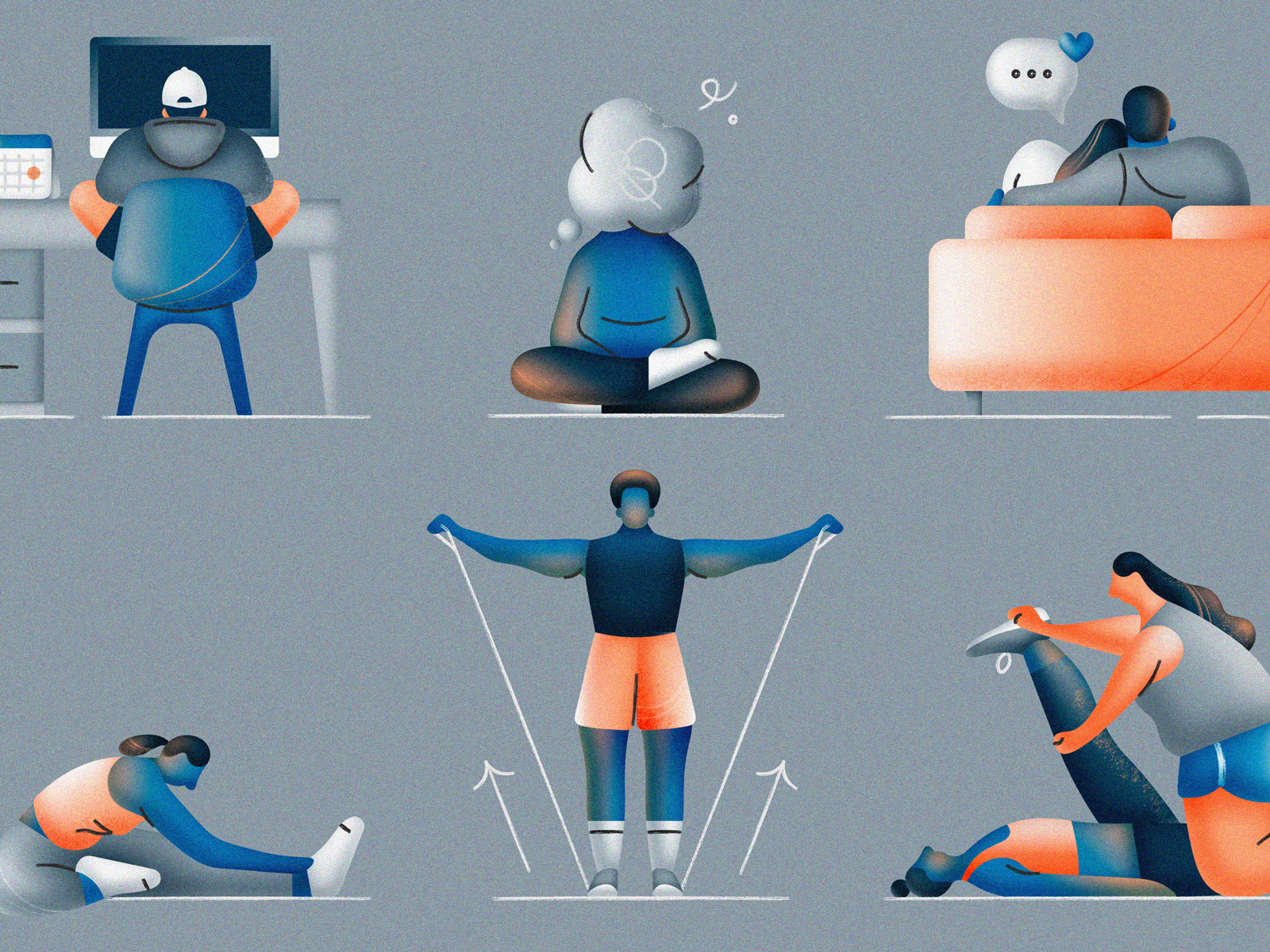 Figure Illustrations brush chair couch couple desk exercise figure fitness gradient illustration partner people person sitting stretch stretching stroke thinking thought cloud vector