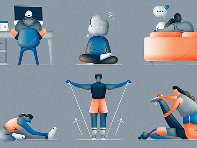 Figure Illustrations brush chair couch couple desk exercise figure fitness gradient illustration partner people person sitting stretch stretching stroke thinking thought cloud vector