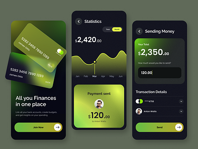 Fintech mobile app app app design banking credit card dashboard design finance fintech gradients graph green mobile payment ui ux wallet