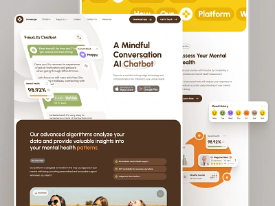 Freud Web UI: AI Mental Health Website | AI Therapy Companion ai chatbot app ai therapy brown chat ui flat green health healthcare landing page meditation app mental health mental health web design mental health website mindfulness mood app responsive therapy ui ui kit web design