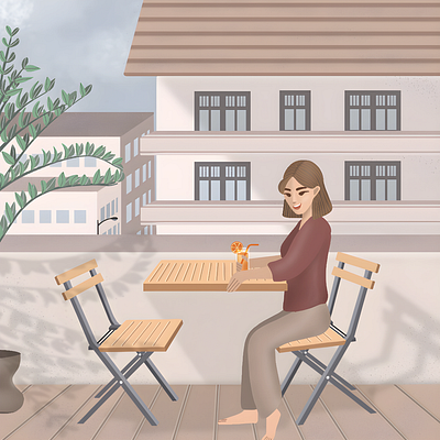 Sun, sky, and serenity on my balcony🍃 animation balcony best illustration building city city view digital art digital illustration graphic design house illustration illustrator juice leaves picture procreate procreate dereams table view woman