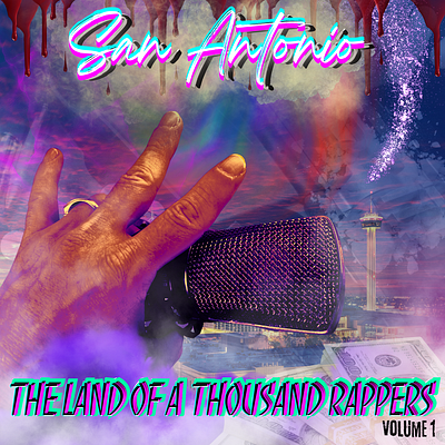 The Land of a Thousand Rappers album cover colorful fingers layered microphone rap san antonio texas text