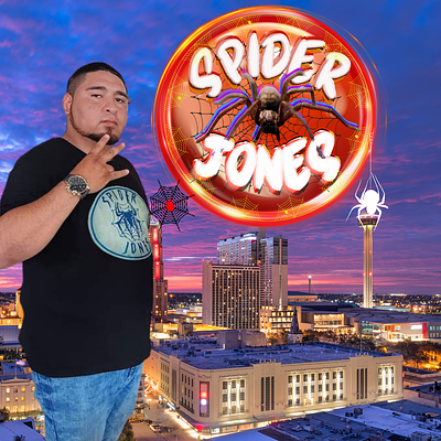 Spider Jones colorful graphic design layered mexican rapper rapper san antonio skyline spider texas text tower