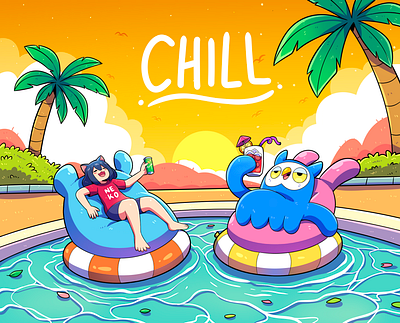Chill and relax artwork background cartoon character colorful cute illustration landscape mascot monster owl visualart