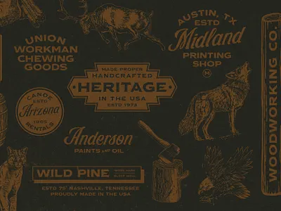 Midland logos set apparel design font design font duo illustration logo badge logo design southwest typography vintage american