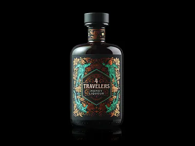 4 Travelers Honey Liqueur bottle branding design gin graphic design illustration label rum typography vintage vodka whiskey