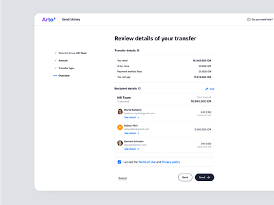 Arto Plus - Overview of Bulk Money Transfers in SaaS Payment bulk payment confirmation management overview payment pro mode product design saas saas design send money transaction ui ux web design