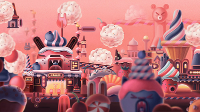 Sweetland animation architecture building cande character city design dessert digital fruits illustration land motion graphics surreal sweet town vector world