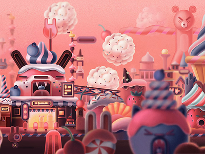 Sweetland animation architecture building cande character city design dessert digital fruits illustration land motion graphics surreal sweet town vector world