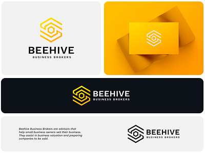 Beehive logo design bbb bee beehive bees broker business broker business card coin geometric hexagon hive honey honeycomb line logo lines mockup orange trading yellow yellow card