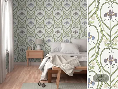 Art nouveau Iris flowers wallpaper and fabric design art nouveau design digital art digital illustration floral graphic design illustration pattern surface pattern wallpaper