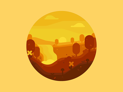 Landscape Icon | Day 5 affinity designer daily flat forest hills icon illustration landscape nature round icon sunrise trees vector waterfall