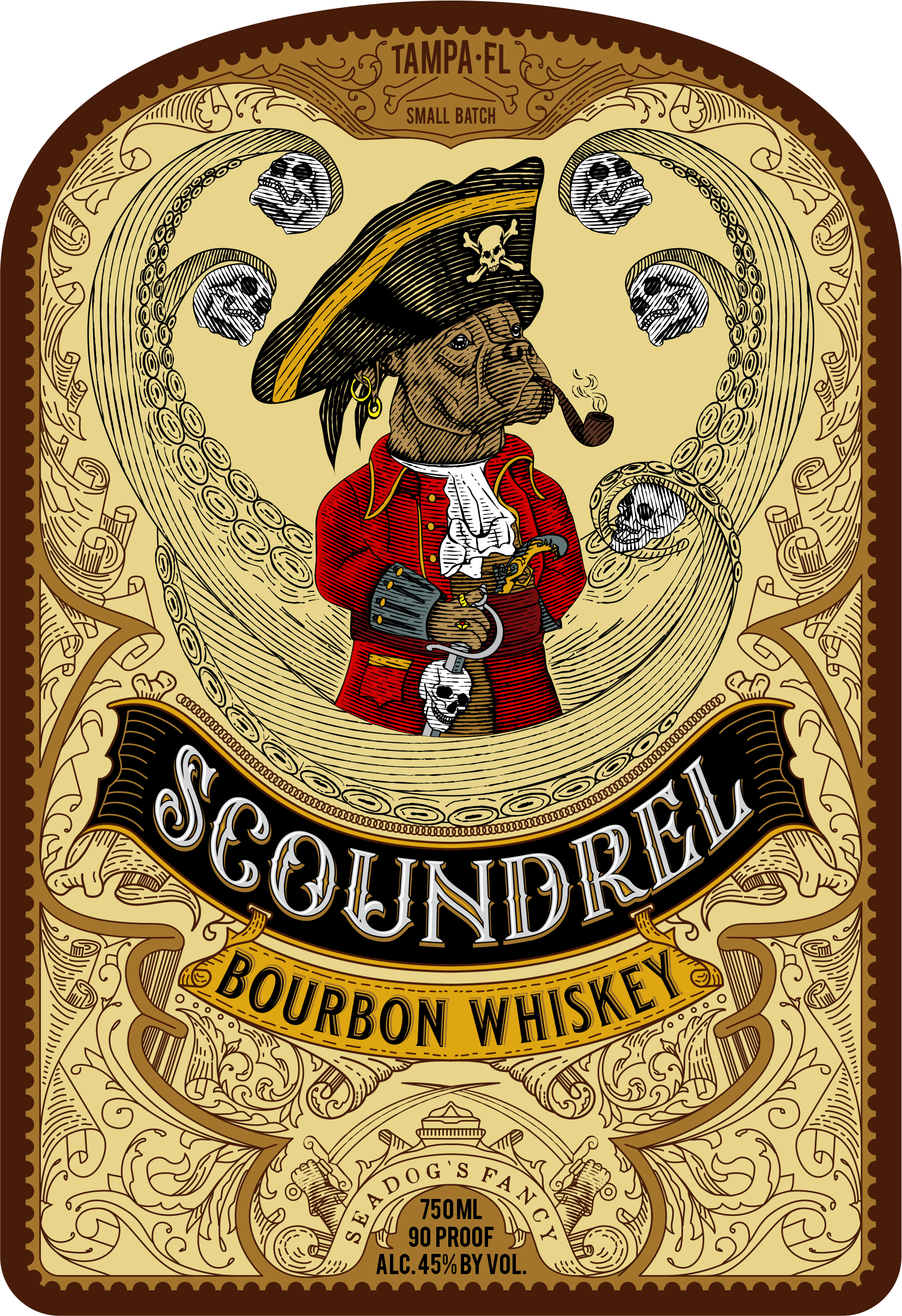 Scoundrel Whiskey Label baroque custom lettering dog hand drawn illustration label design old school pirate theme scratchboard vector vintage whiskey