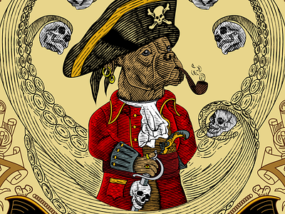 Scoundrel Whiskey Label baroque custom lettering dog hand drawn illustration label design old school pirate theme scratchboard vector vintage whiskey