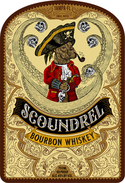 Scoundrel Whiskey Label baroque custom lettering dog hand drawn illustration label design old school pirate theme scratchboard vector vintage whiskey