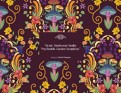 Mystic Mushroom Medley “Psychedelic Garden Symphony” art floral print floralprint mushroom mushroomprint popart psychedalic psychedelicprint textileprint