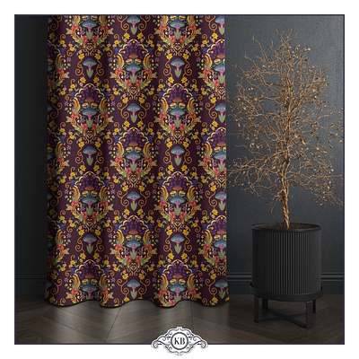 Mystic Mushroom Medley “Psychedelic Garden Symphony” curtain design curtain print mushroom print psychedelic mushroom print wallpaper wallpaper design