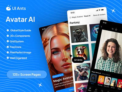 Avatar AI - AI Photo Editor App UI Kit artistic tool blur tool collage maker color correction crop tool effect filter image editor photo editor resize tool rotate tool