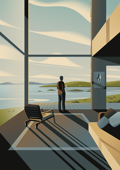 Neighbours architecture aspirational highlands home idilic illustration living room loch luxury home modernist one point perspective scenic scotland scottish artist scottish illustrator waterfront