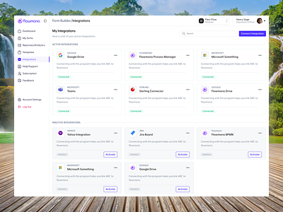 Integration Page app cards connection dashboard integration integrations minimal overview preference settings ui