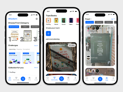 Wizdom "A 30-min book summary app" account page book suggestion ui book summary book ui books shots challenge coins community page explore home page ia mockups prototyping reels rooms search page ui design userflow ux design