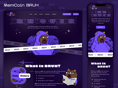 Cryptocoin BRUH ai ai website cryptocoin cryptocurrency dark design homepage landing page memcoin purple ui ux web design