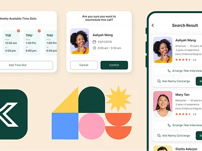 Kidsential. Book a Nanny 2d app branding cards children flat identity layout logo parents ui